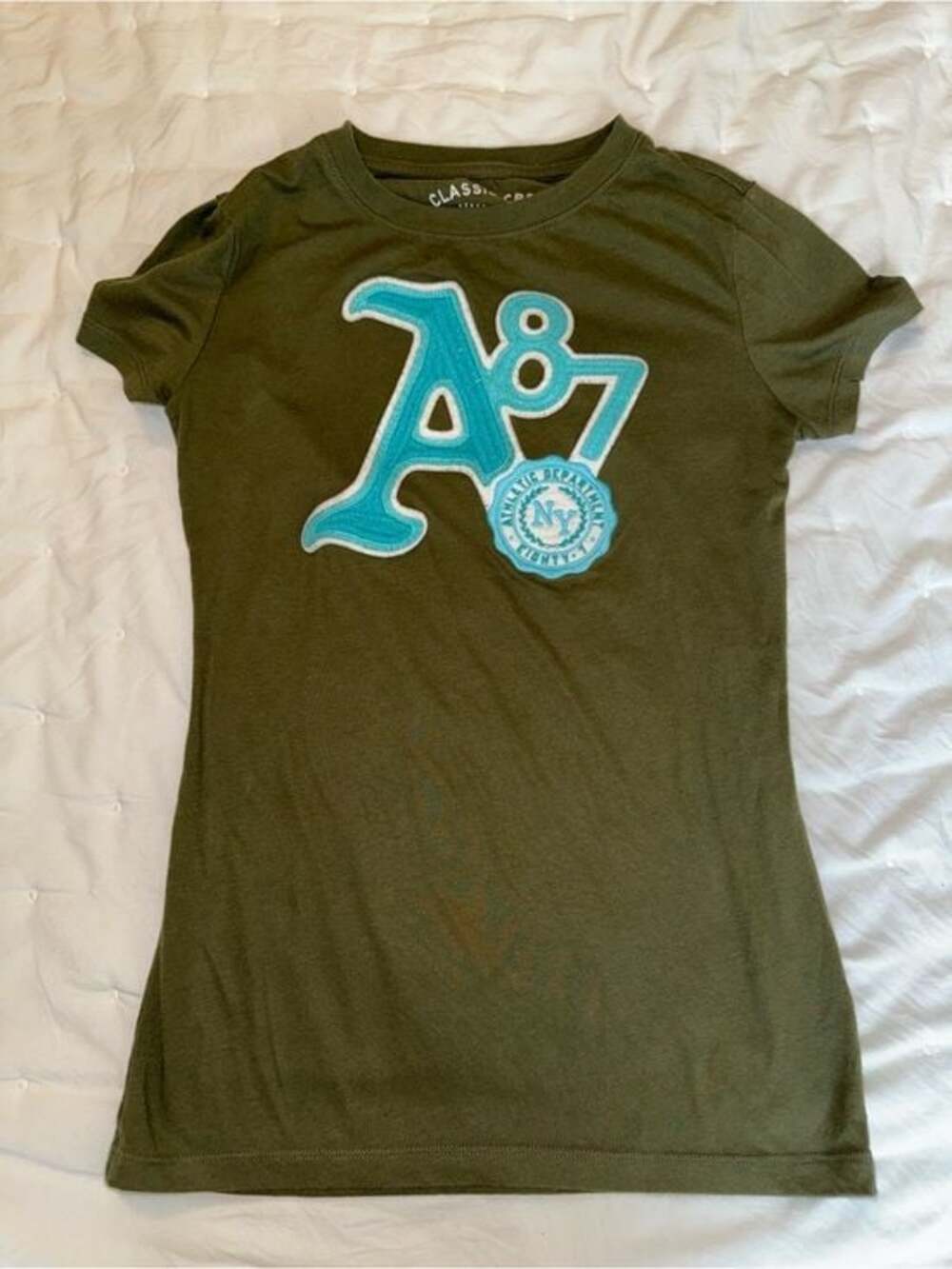 Aeropostale Olive Tee with Aqua and White 'A87' Appliqué